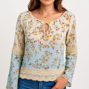 Rue21 Floral Crochet Boho Top S Sheer Long Sleeve Peasant Blouse Festival